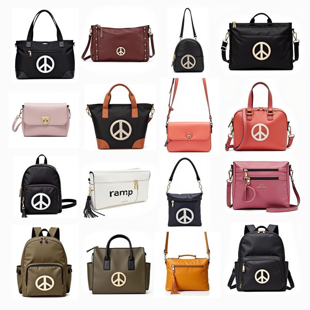 Various styles of peace sign purses and handbags