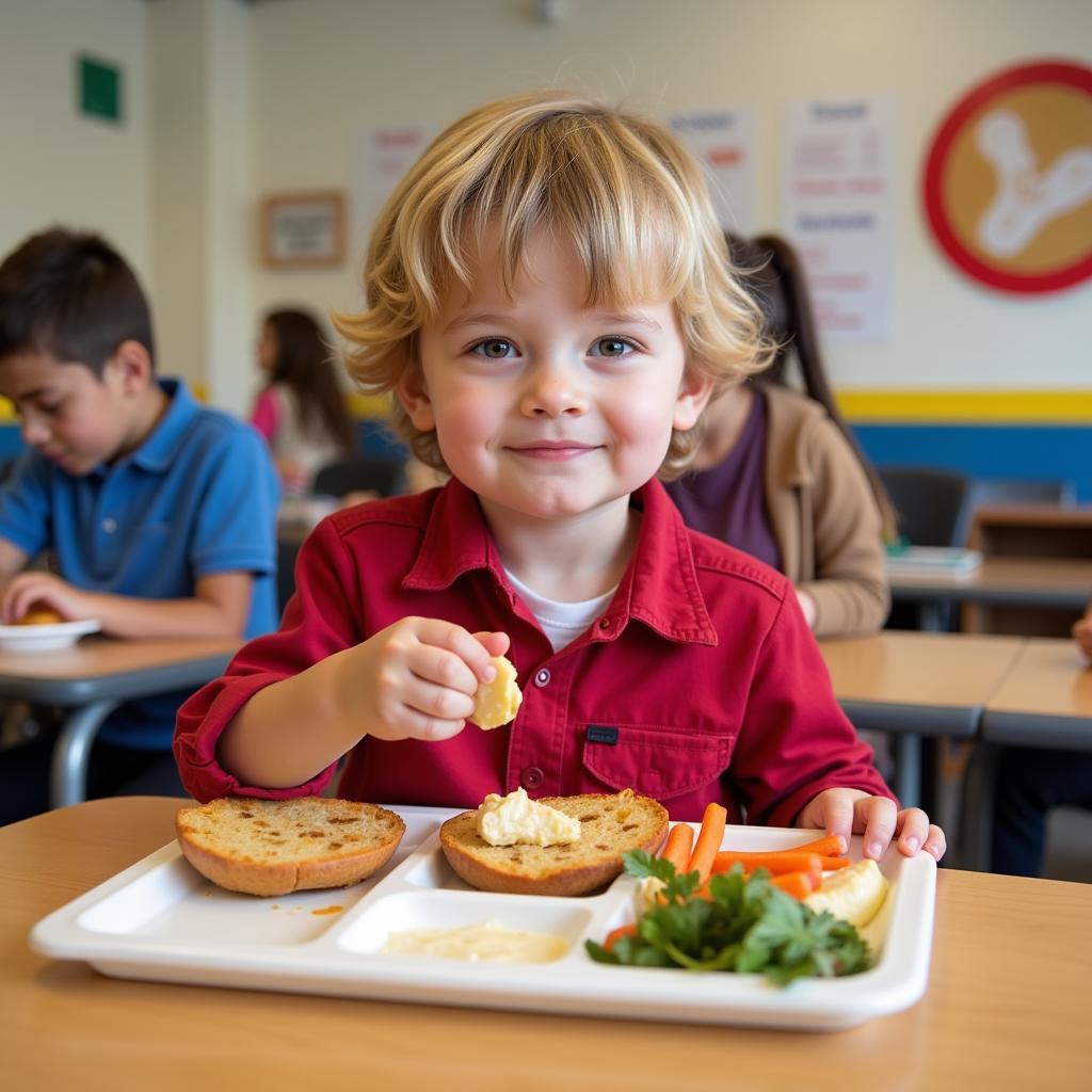 Child with Peanut Allergy Eating Safely in a School Cafeteria