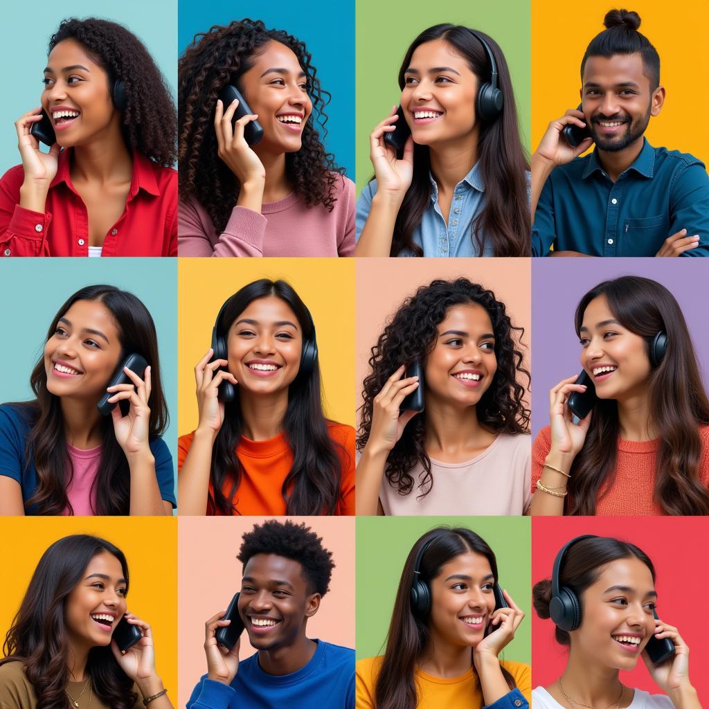 Diverse group of people enjoying phone conversations, showcasing a range of emotions from laughter to attentive listening