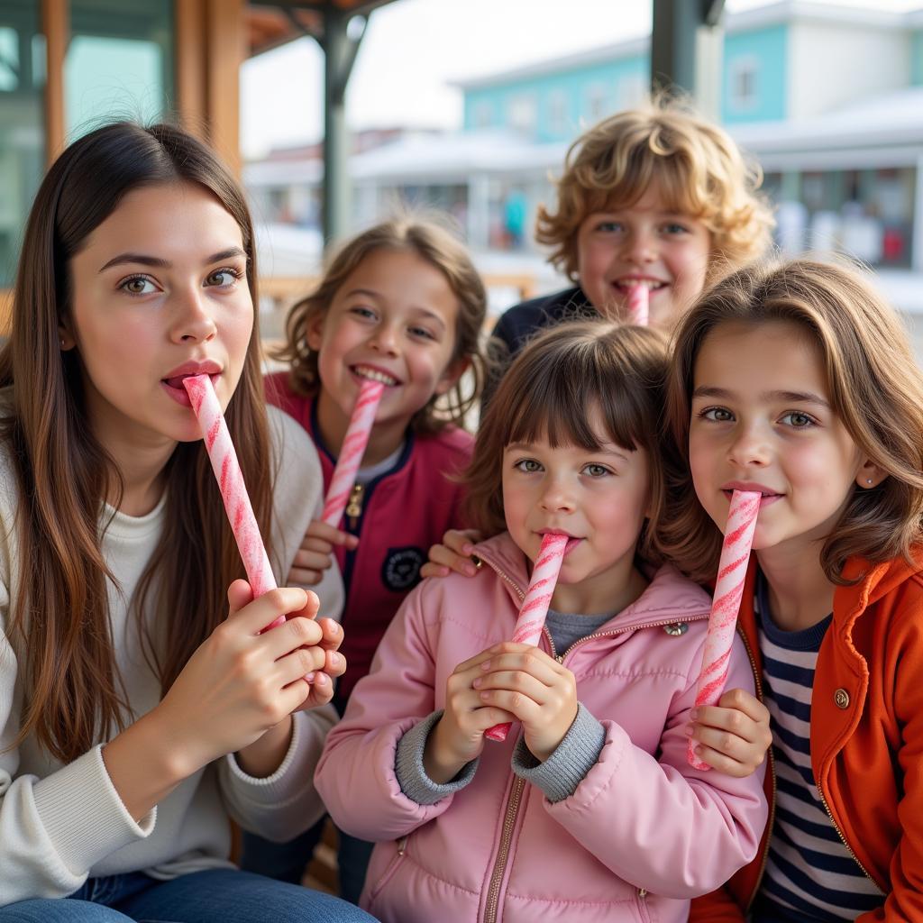 People of all ages enjoying frozen sugar cane sticks