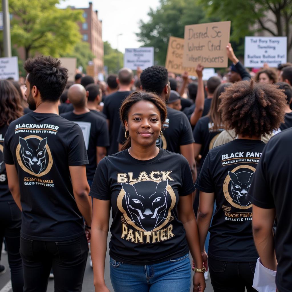 People wearing Black Panther movement t-shirts at a rally for social justice.