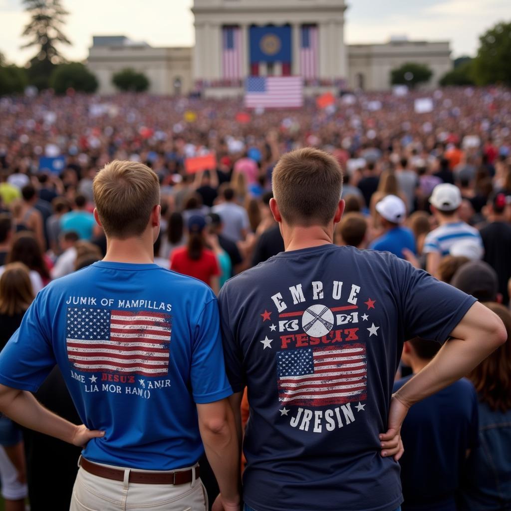 Group of people wearing Jesus American flag shirts at a political rally