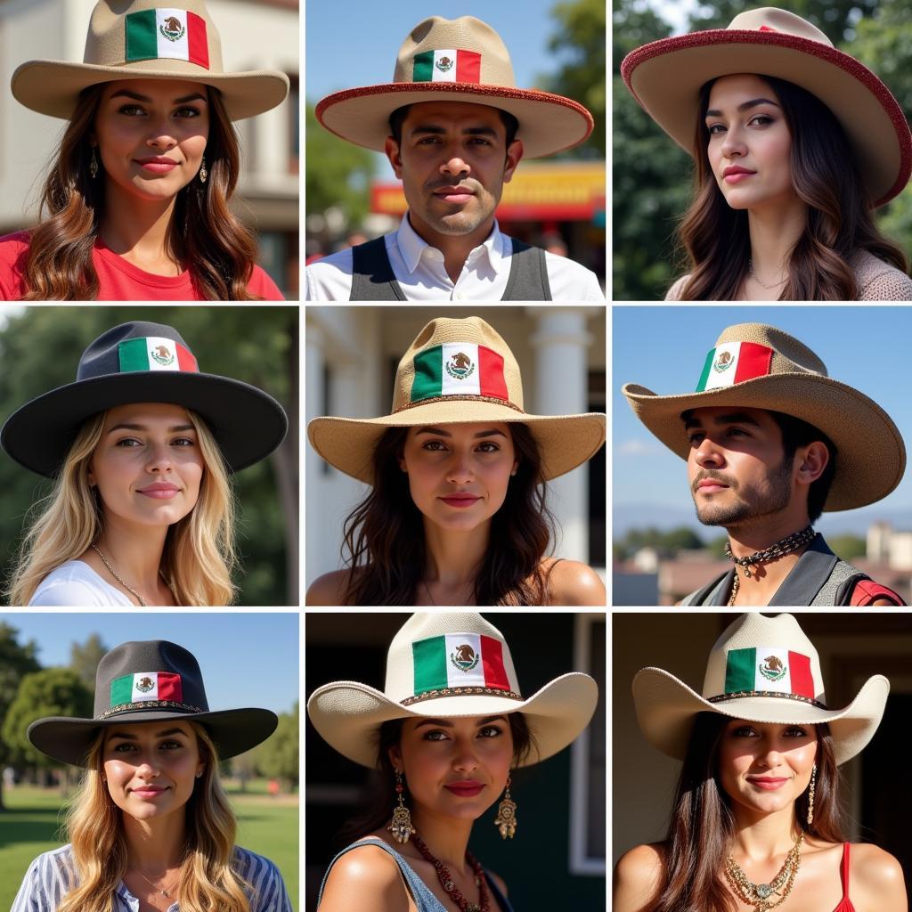 People Sporting Hats With the Mexican Flag Under the Brim in Different Settings 