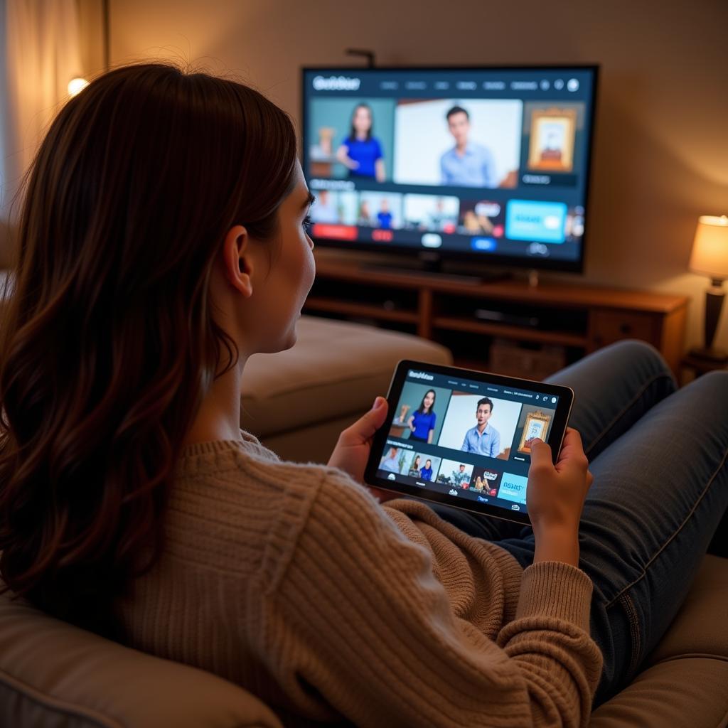 Person relaxing and streaming content on their tablet 