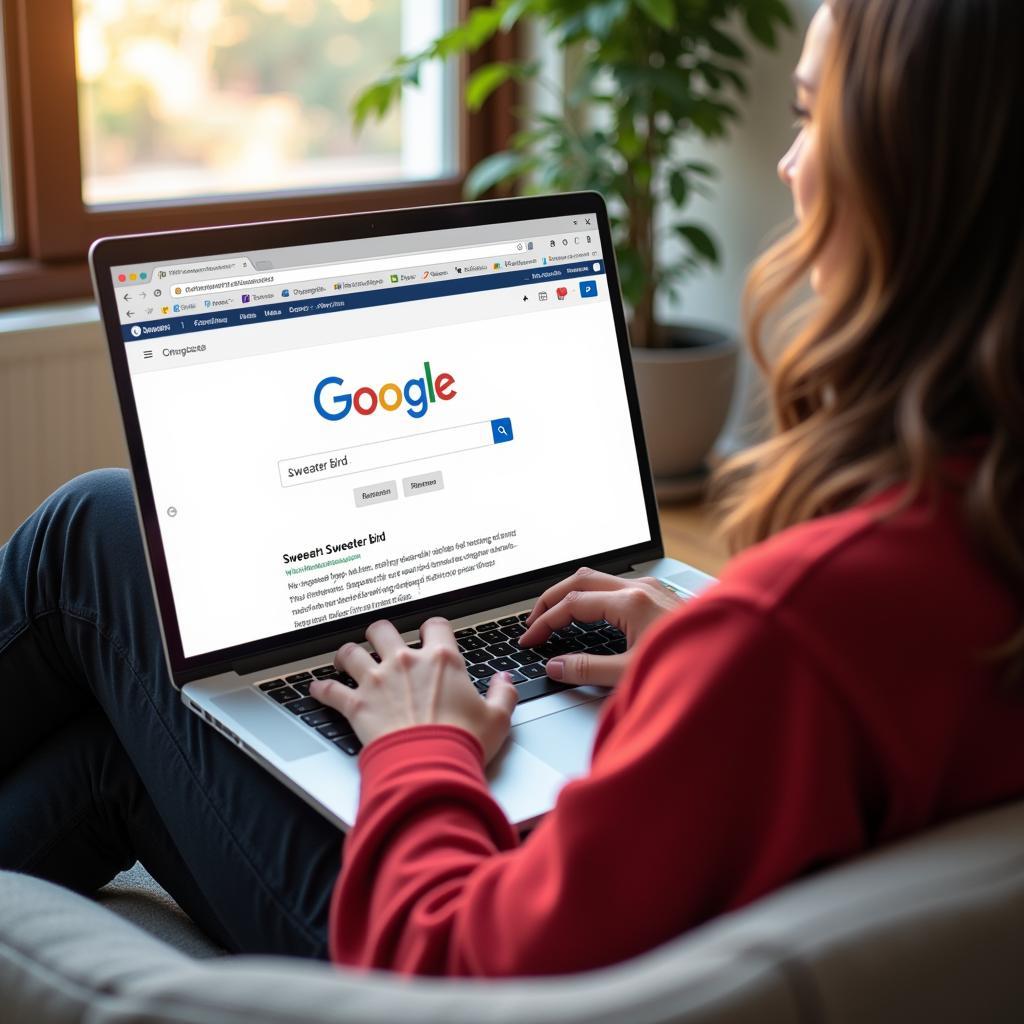 Person using a laptop with a search bar displaying "sweater bird"