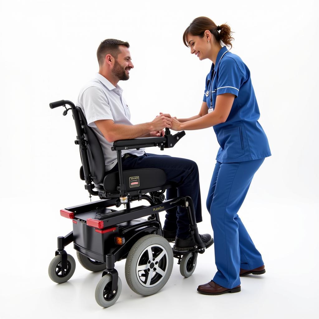 Individual trying out an electric wheelchair with assistance from a professional