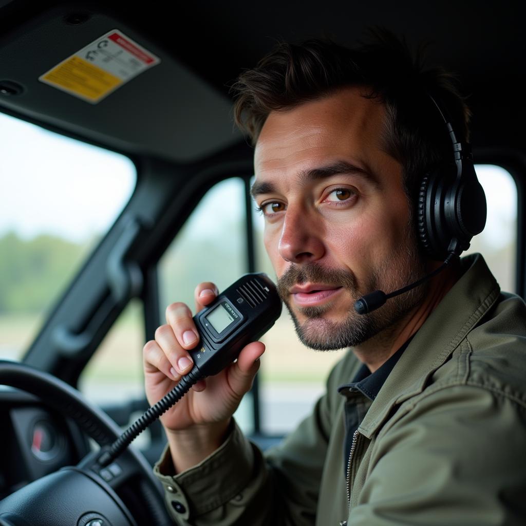 A person using a Texas Ranger CB radio in a truck