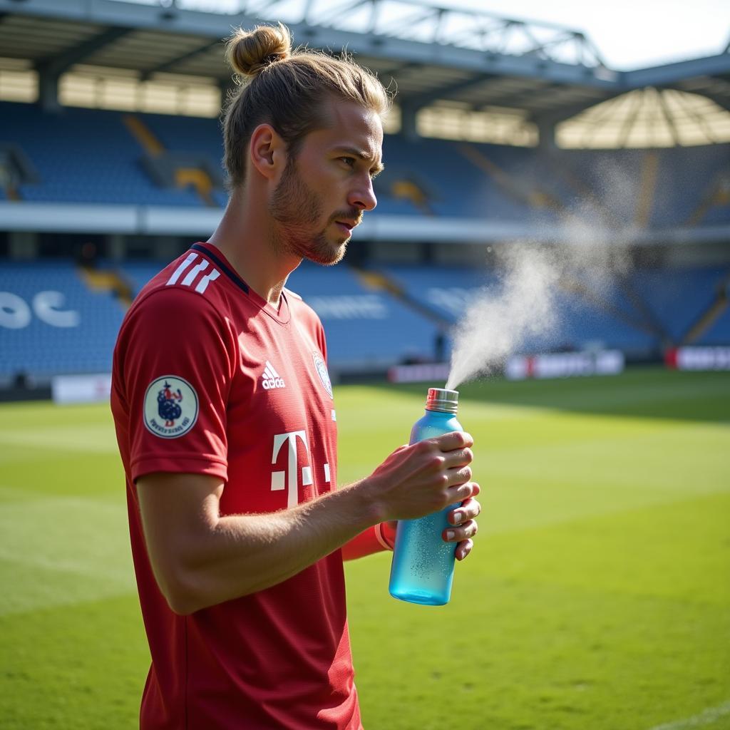 Frenkie de Jong using a personal misting bottle on the football field