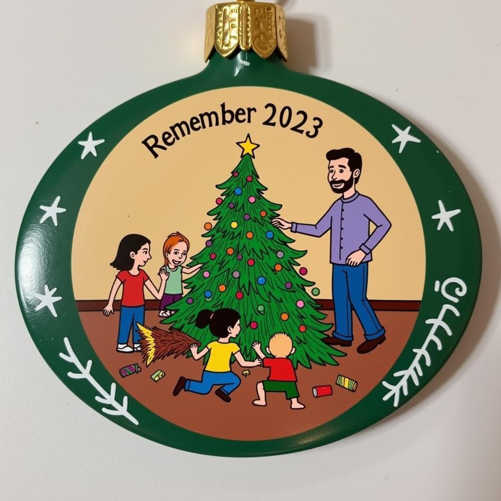 A close-up of a personalized blooper ornament depicting a comical scene