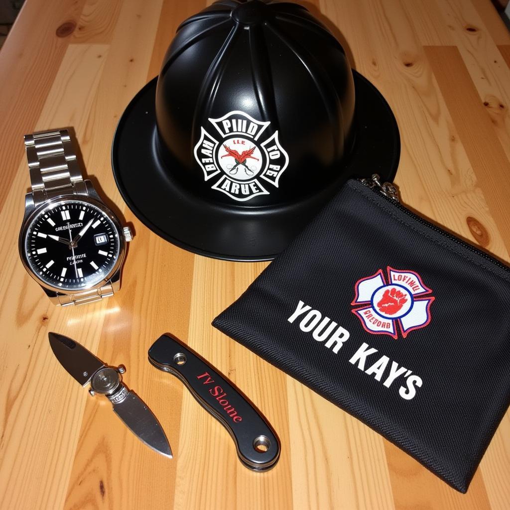 Personalized firefighter gear laid out on a wooden table