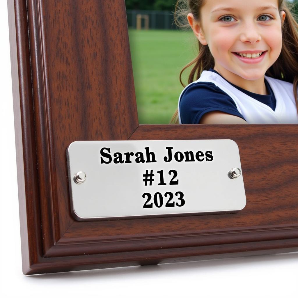 Personalized softball photo frame with engraving of a player's name and jersey number