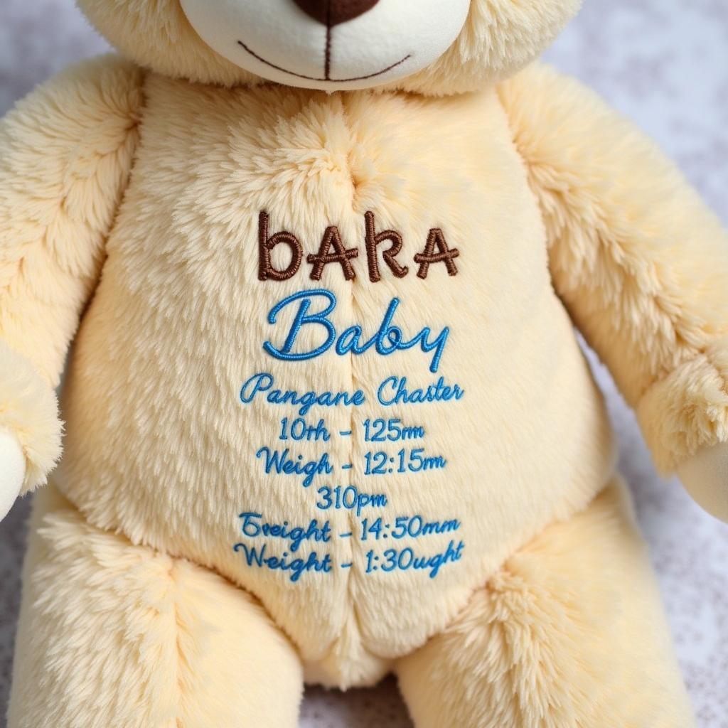 A personalized teddy bear embroidered with a baby's birth stats.