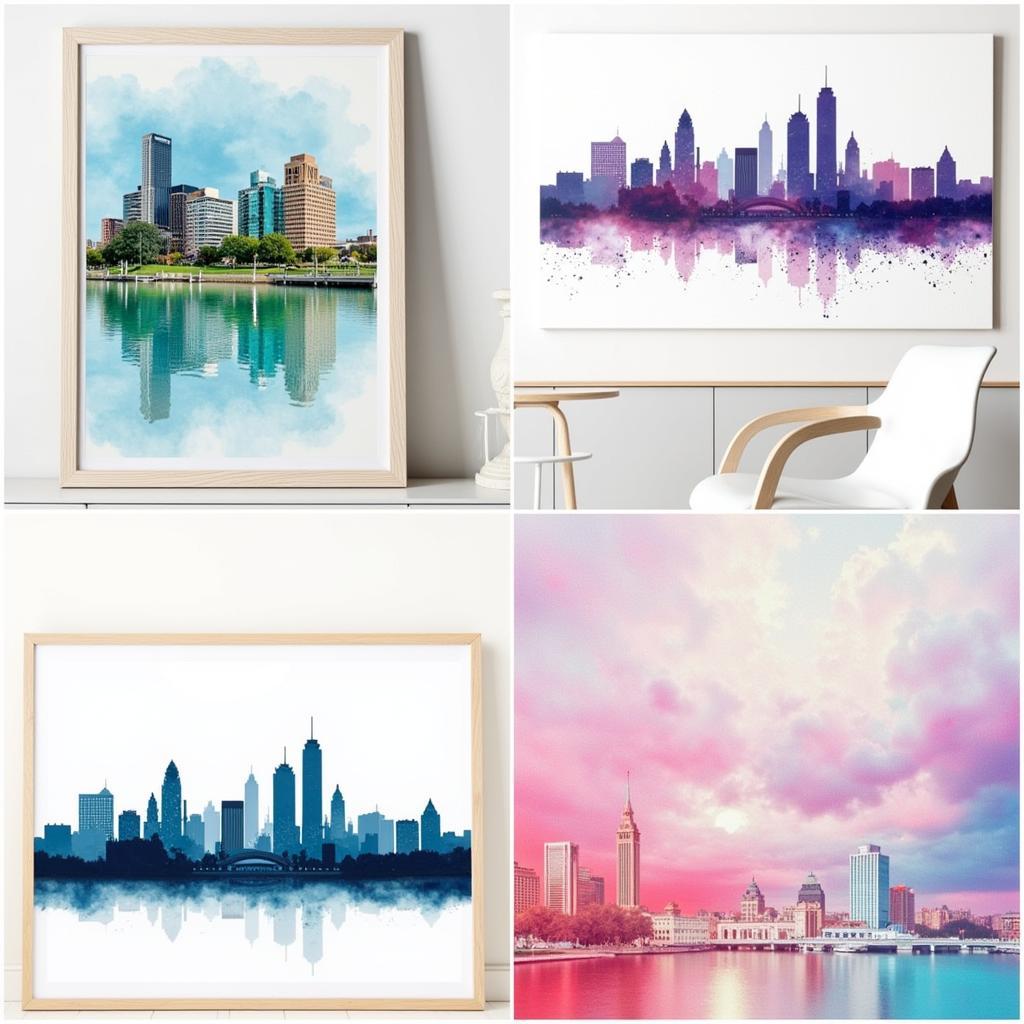 Various styles of Philadelphia skyline canvas art: photographic, watercolor, abstract