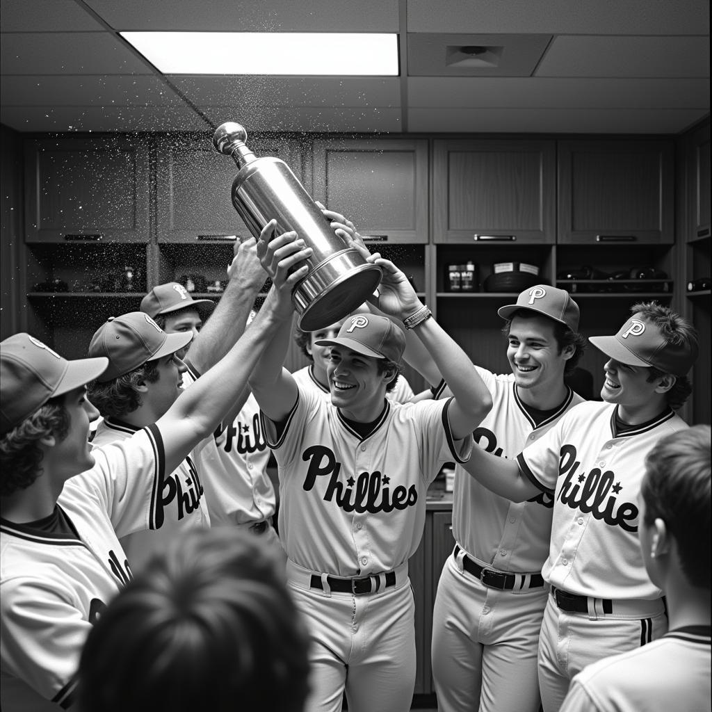 Phillies players celebrating their 1980 World Series win, wearing the iconic hats