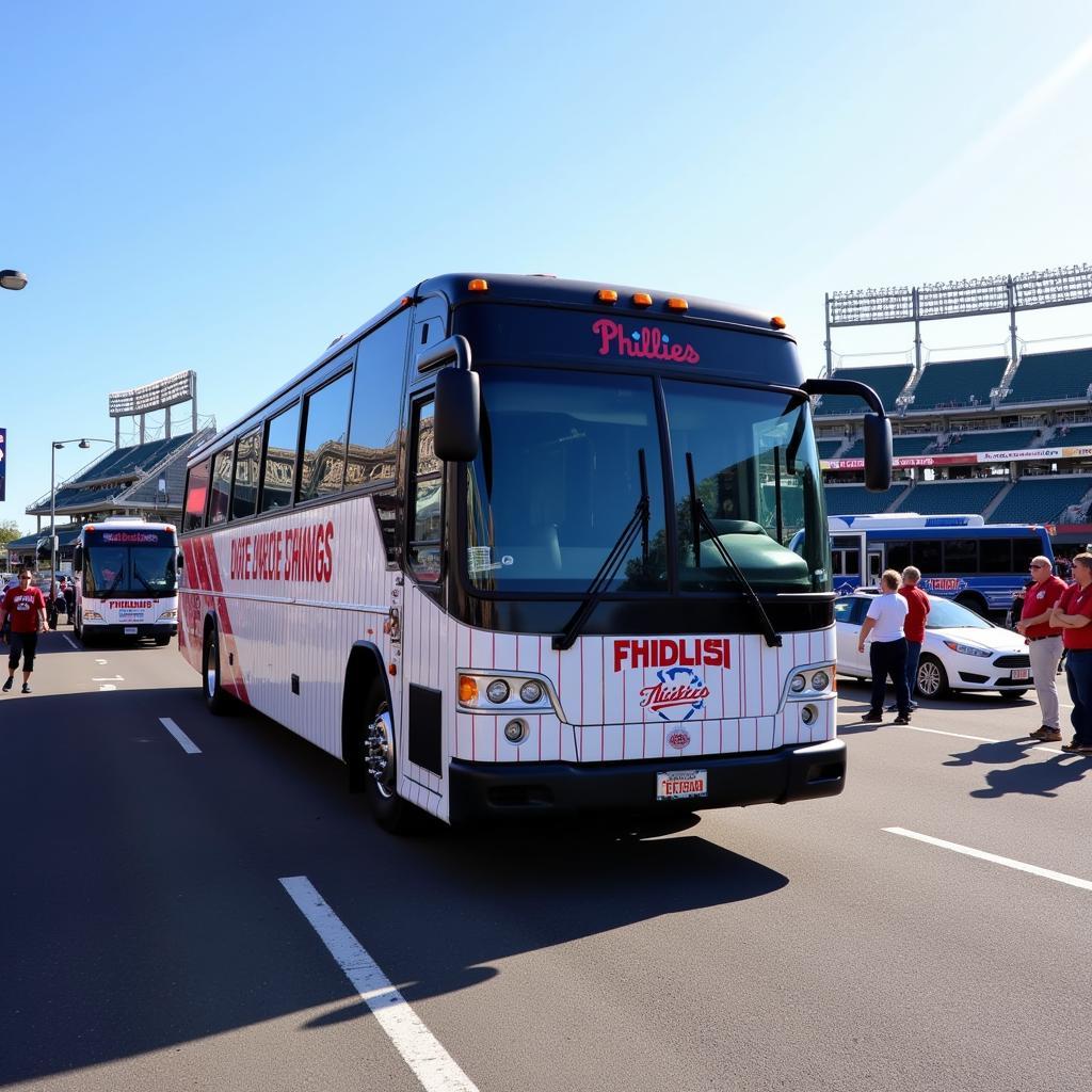 A Phillies bus trip arriving at an opposing team's stadium