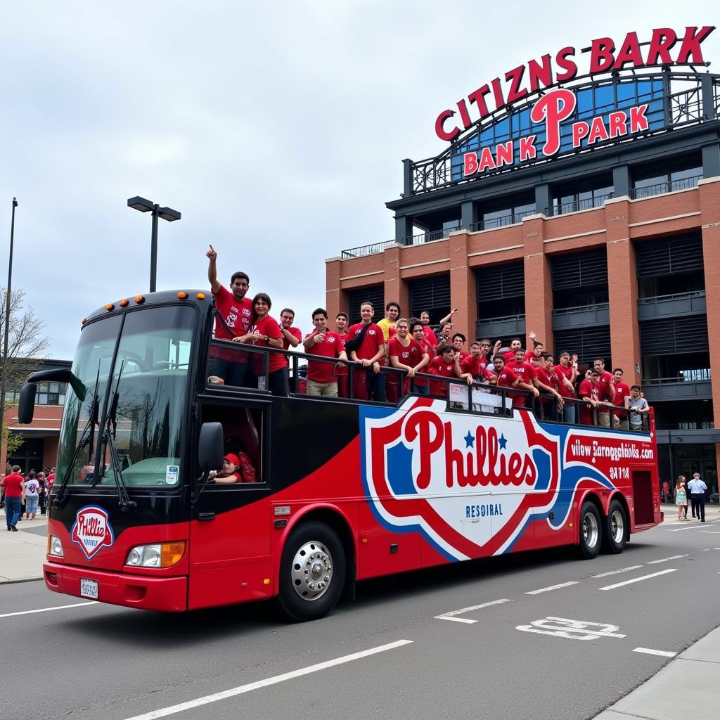 Phillies fans boarding a bus trip to an away game