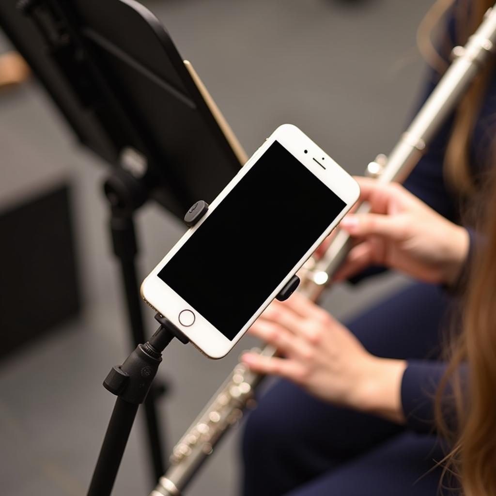 Musician using a phone holder for music stand with ergonomic design