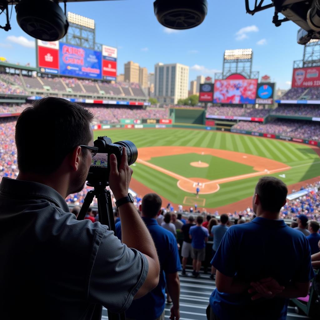 Photographer capturing a Cubs win flag moment