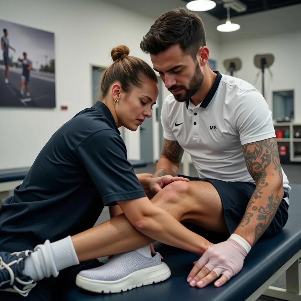 Physiotherapist providing treatment to athlete's leg injury