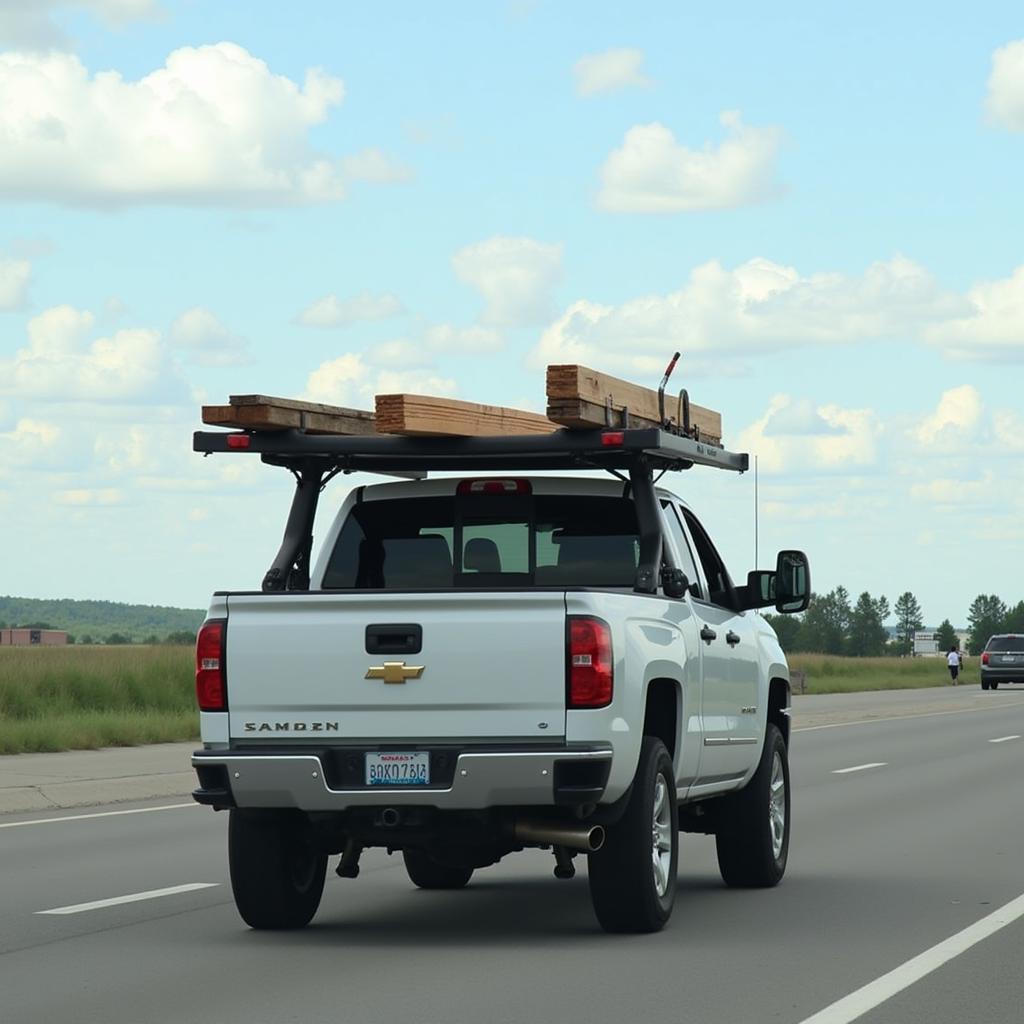 Pickup truck equipped with a chase rack carrying construction materials