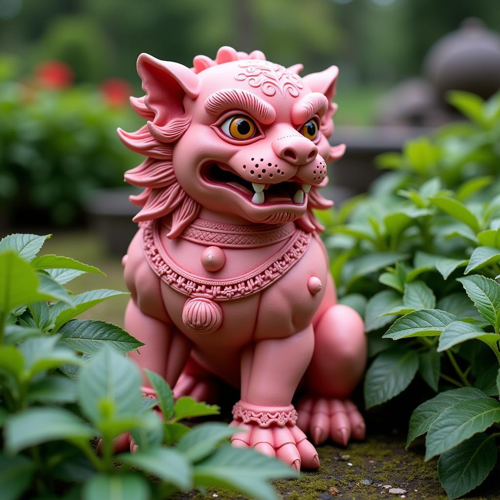 Pink Foo Dog Statue in a Garden