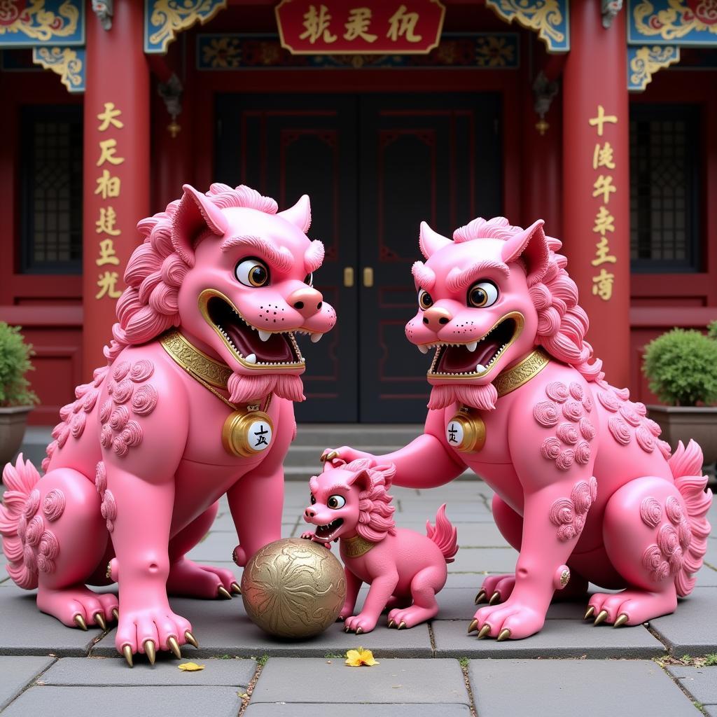 Pink Foo Dogs Guarding Temple Entrance