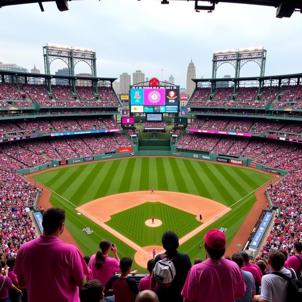 Boston Red Sox players wearing pink jerseys at Fenway Park during Mother's Day game