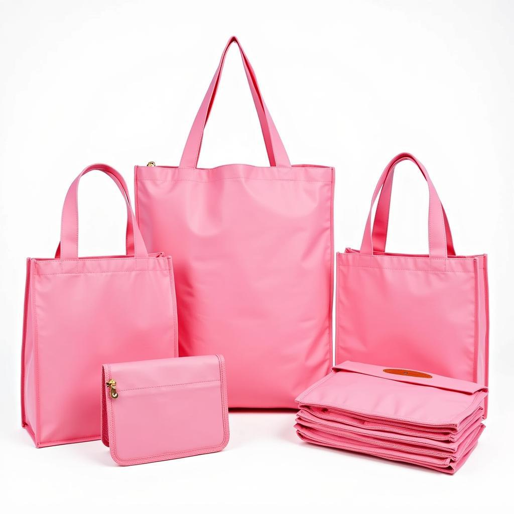 Various pink reusable grocery bags.