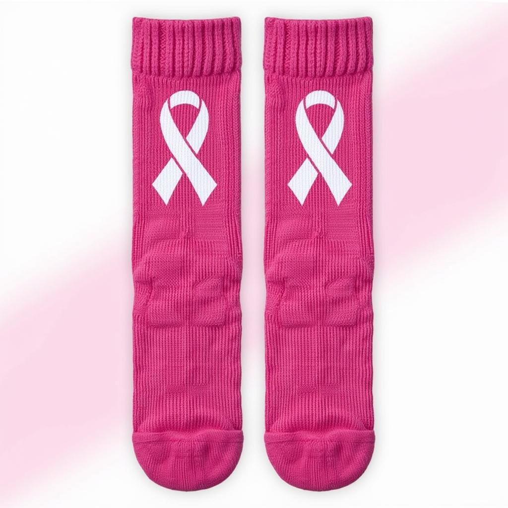 Close-up of the iconic pink ribbon symbol on a pair of breast cancer awareness socks.