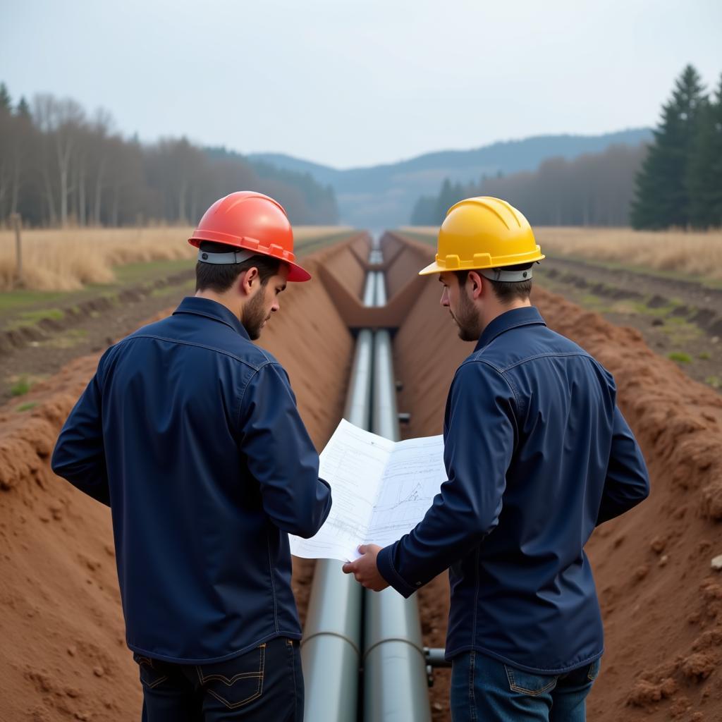 Pipeline workers discussing project wearing durable workwear