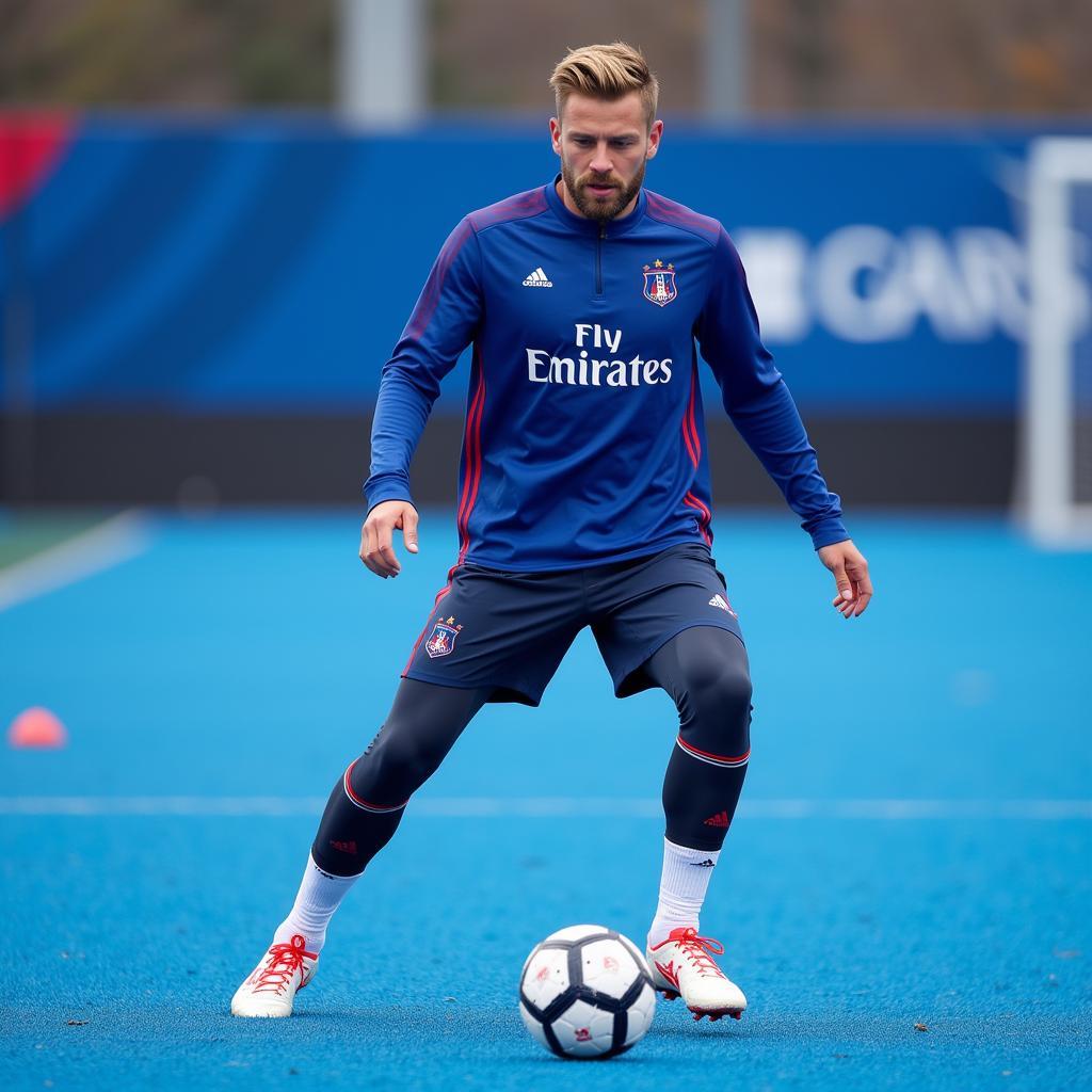 Frenkie de Jong training on a pitch blue field