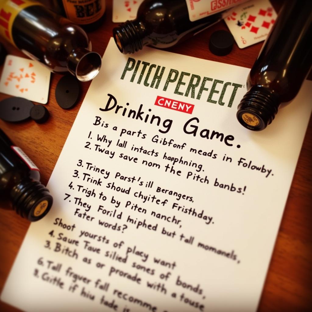 A notepad with a pen and the words "Pitch Perfect Drinking Game" written on top, surrounded by empty beer bottles and scattered playing cards.