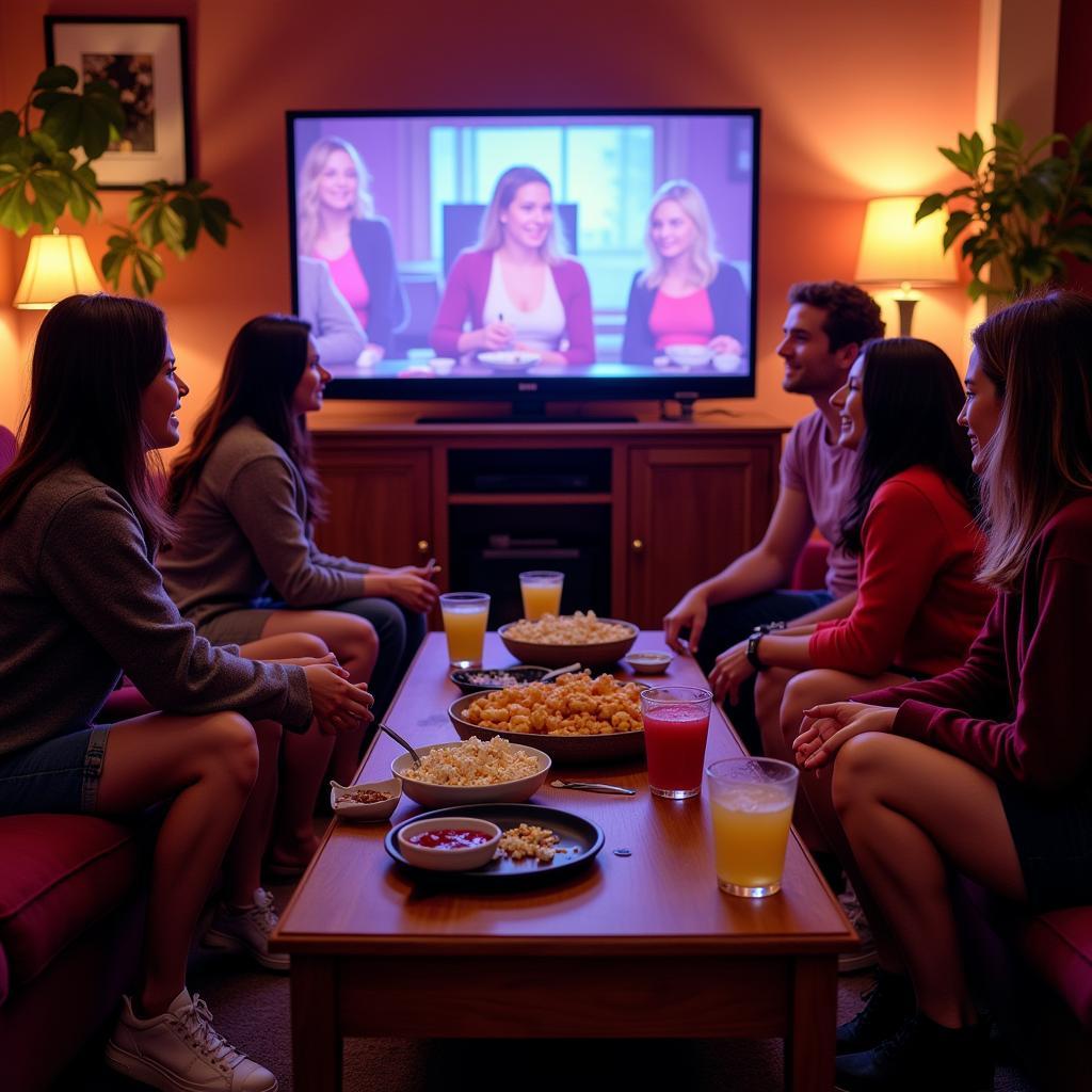 Friends gathered around a TV with Pitch Perfect playing, drinks, and snacks