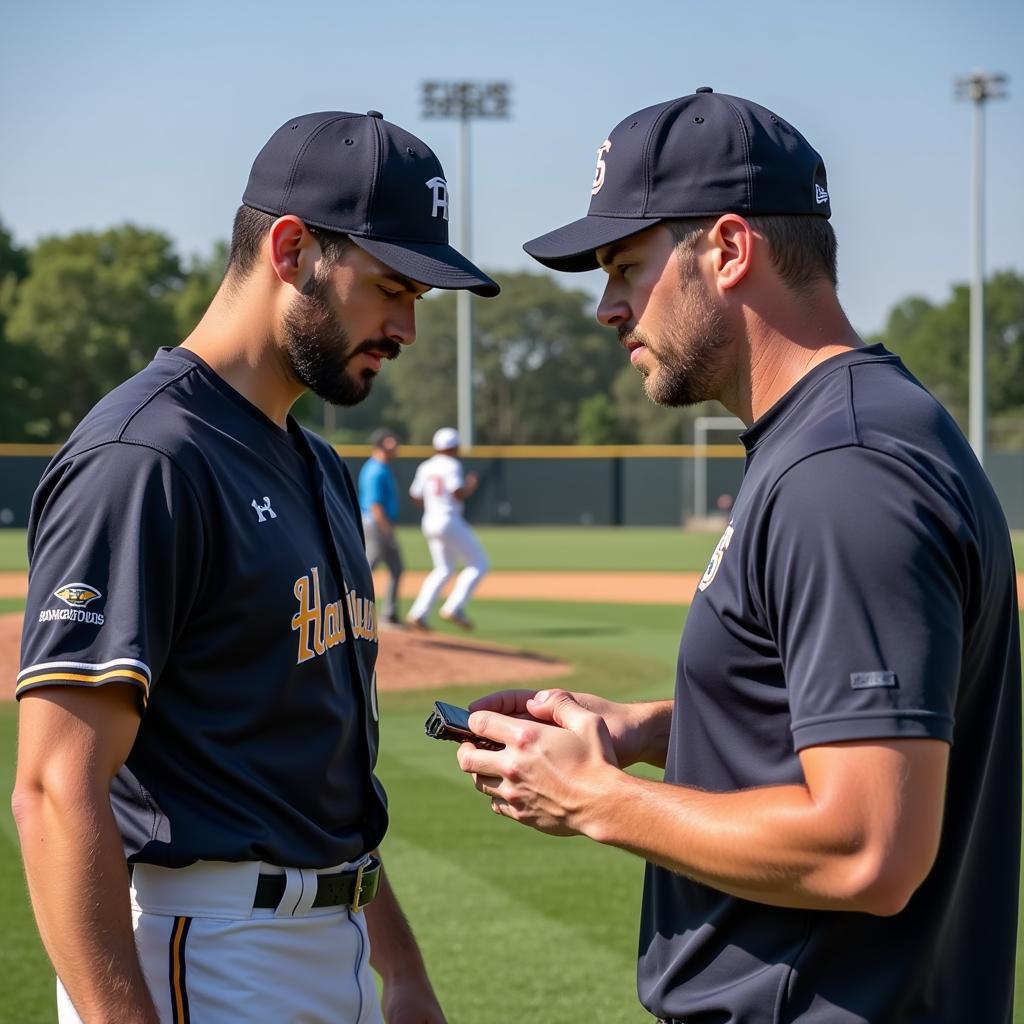 Pitcher Analyzing Results with Coach