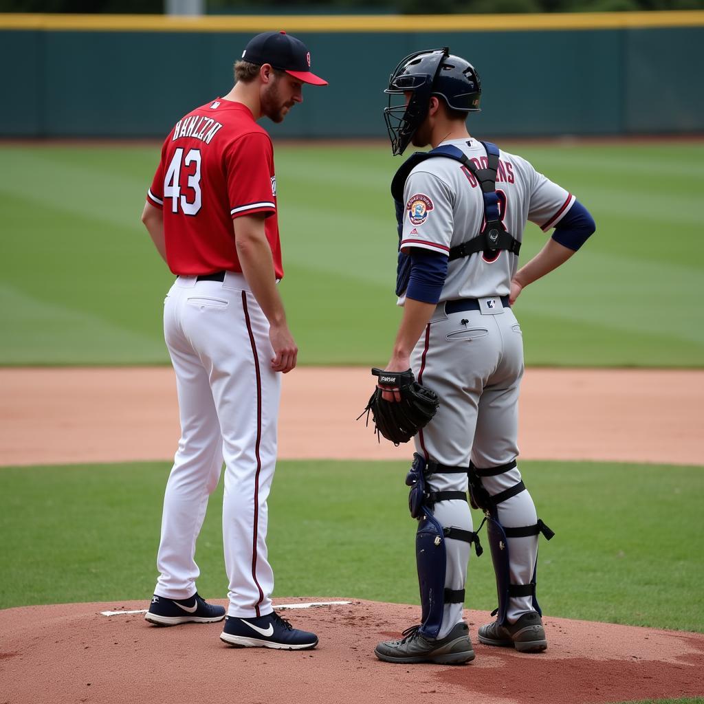 Pitcher and catcher having a meeting on the mound