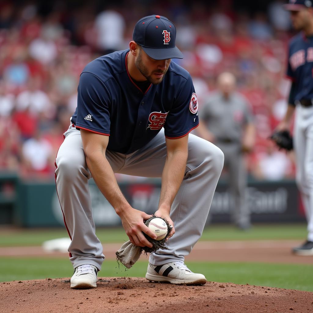 Pitcher Applying Mud to a Baseball During a Game