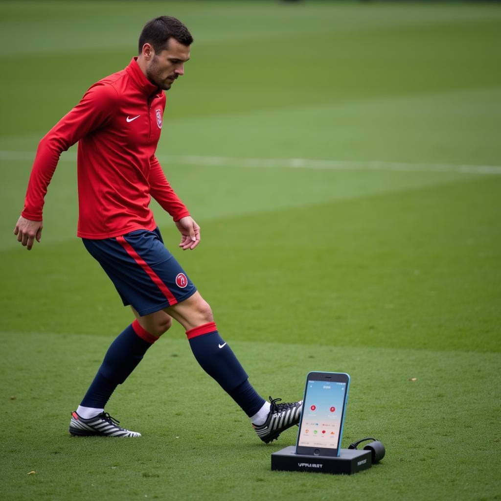 Professional footballer using a pitching analyzer during training