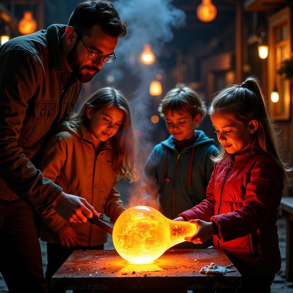  A family watching a live glassblowing demonstration at the Pittsburgh Glass Center