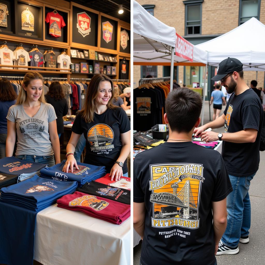 People shopping for Pittsburgh t-shirts in various locations.