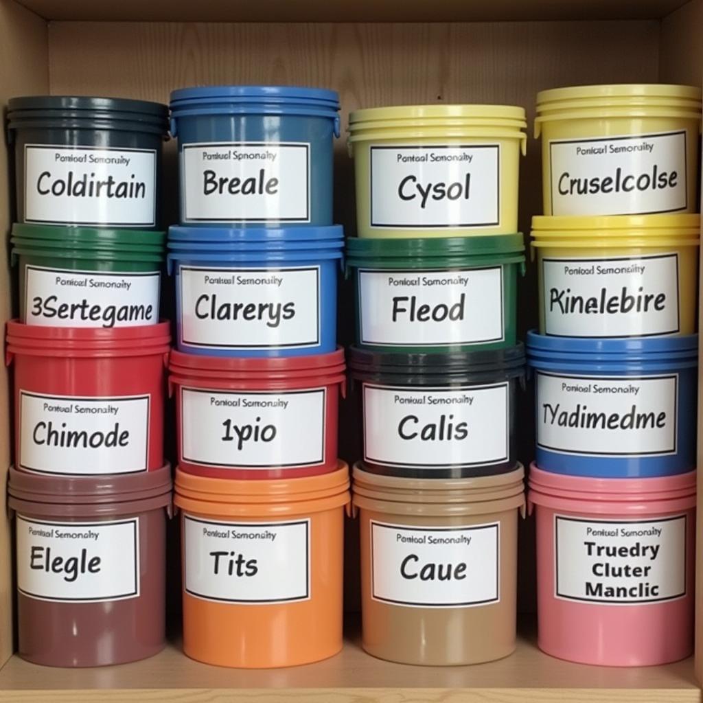 Plastic paint storage cans with labels for organization