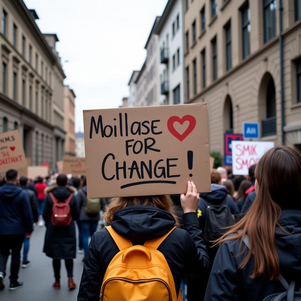 Protesters holding plastic placards during a peaceful march