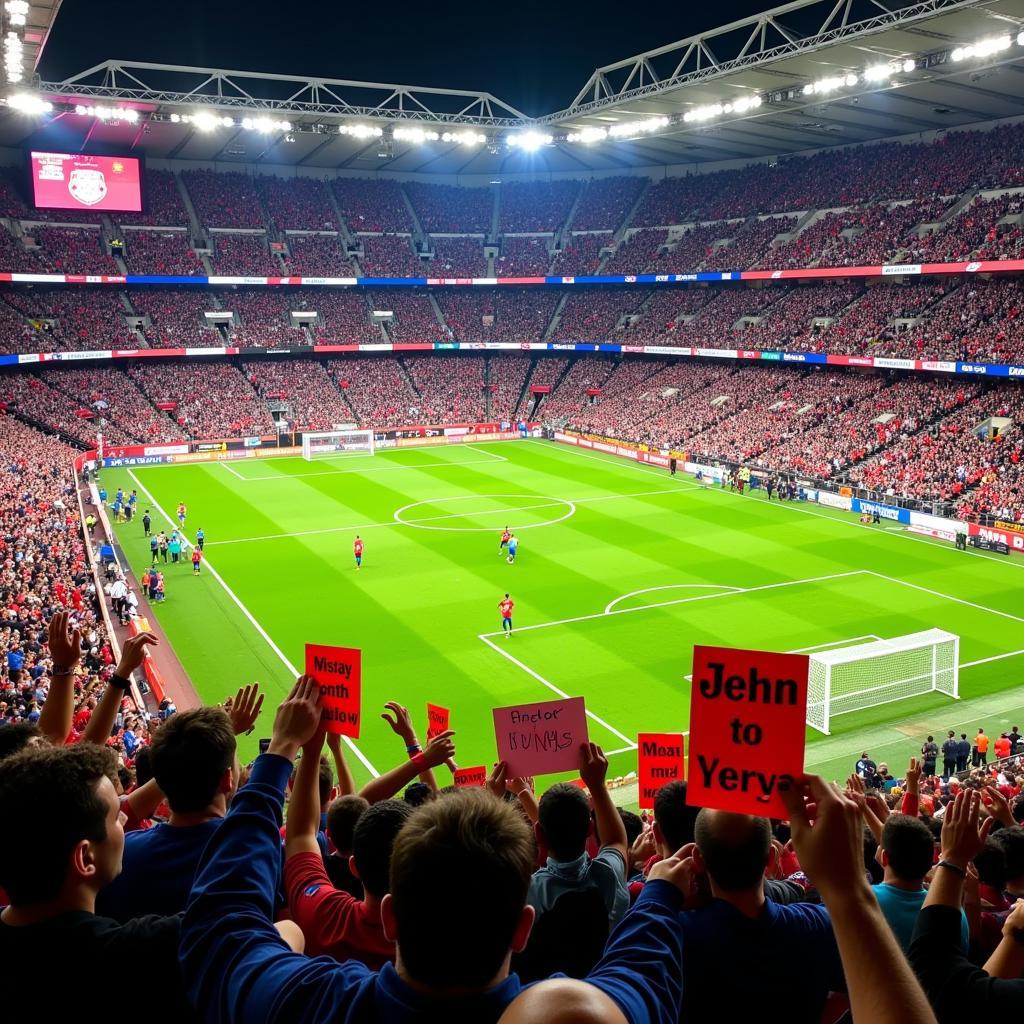 Football fans holding up plastic placards