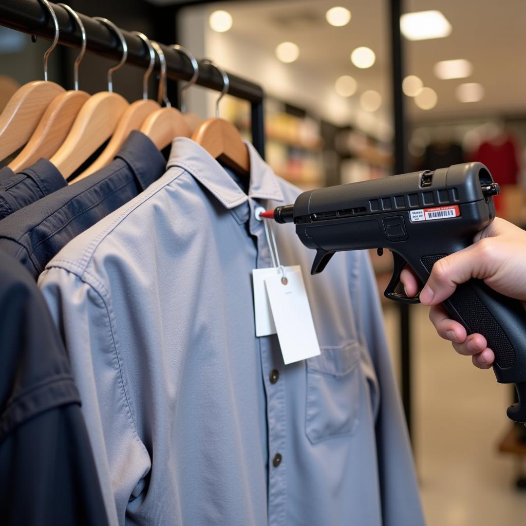 A retail worker using a plastic tag gun to attach a price tag to a shirt.