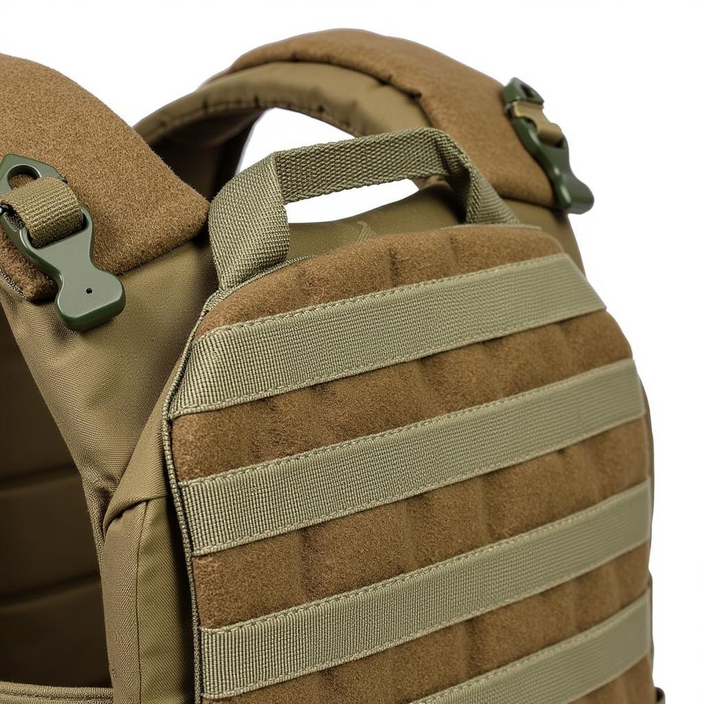 Close-up of MOLLE webbing and drag handle on a plate carrier