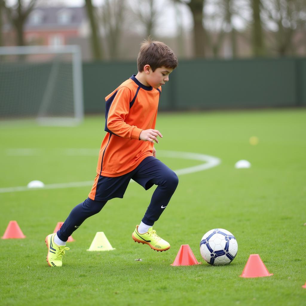 Player Dribbling Through Cones