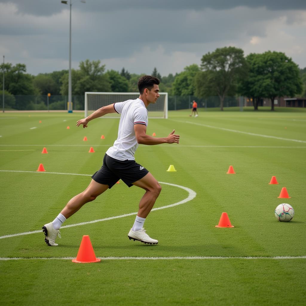 Footballer practicing with cones