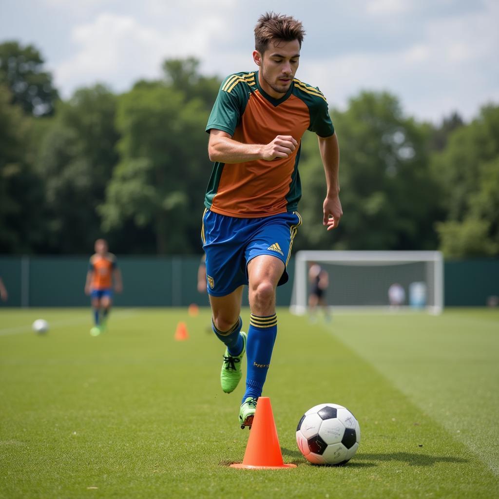 Player diligently practicing gomets drills with a cone