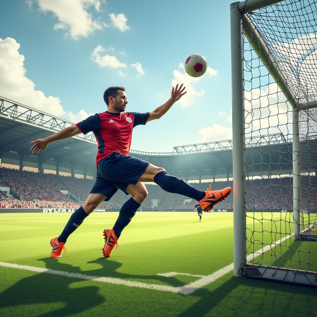 A football player winds up for a powerful shot on goal, aiming for the upper corner.