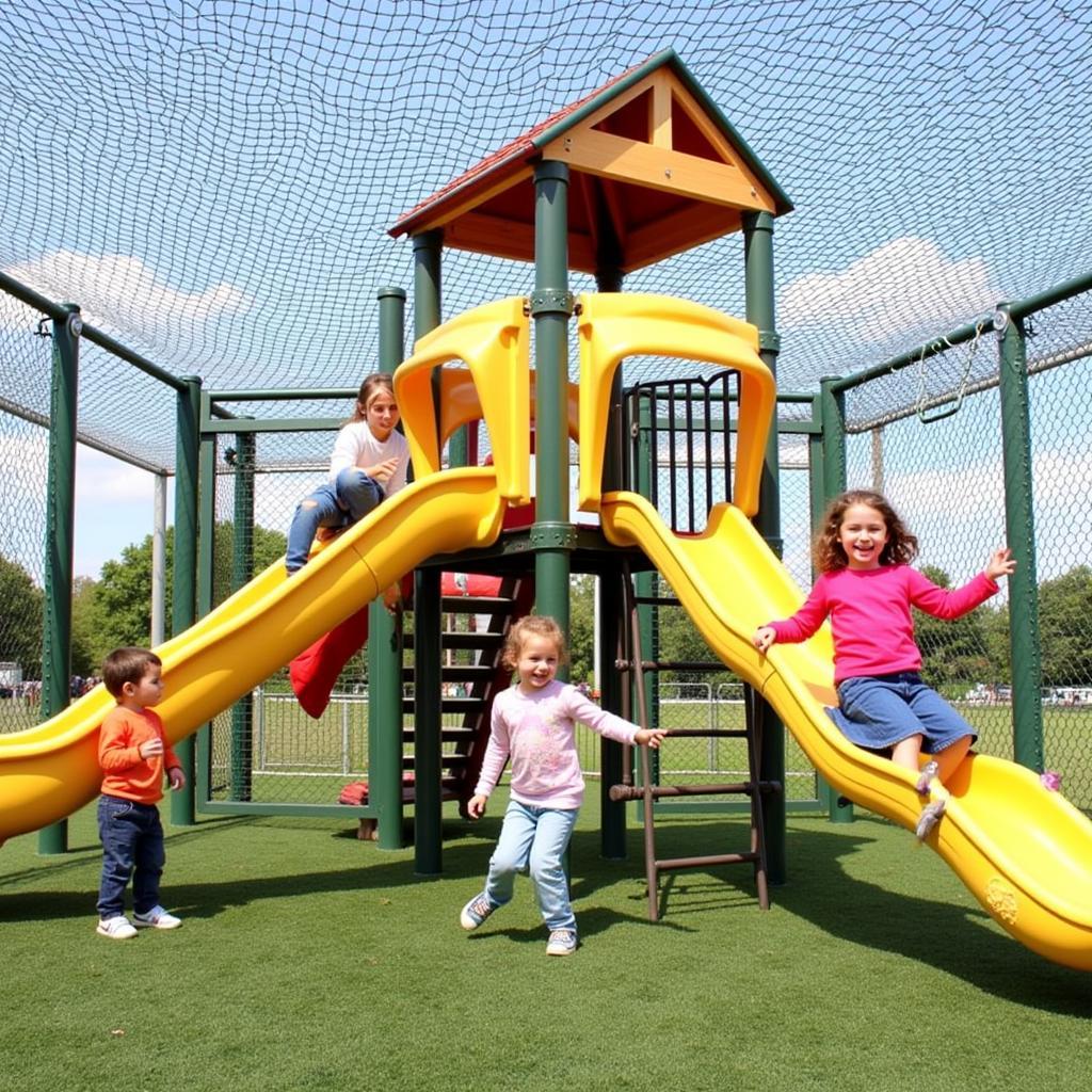 Children playing on a playground with safety netting