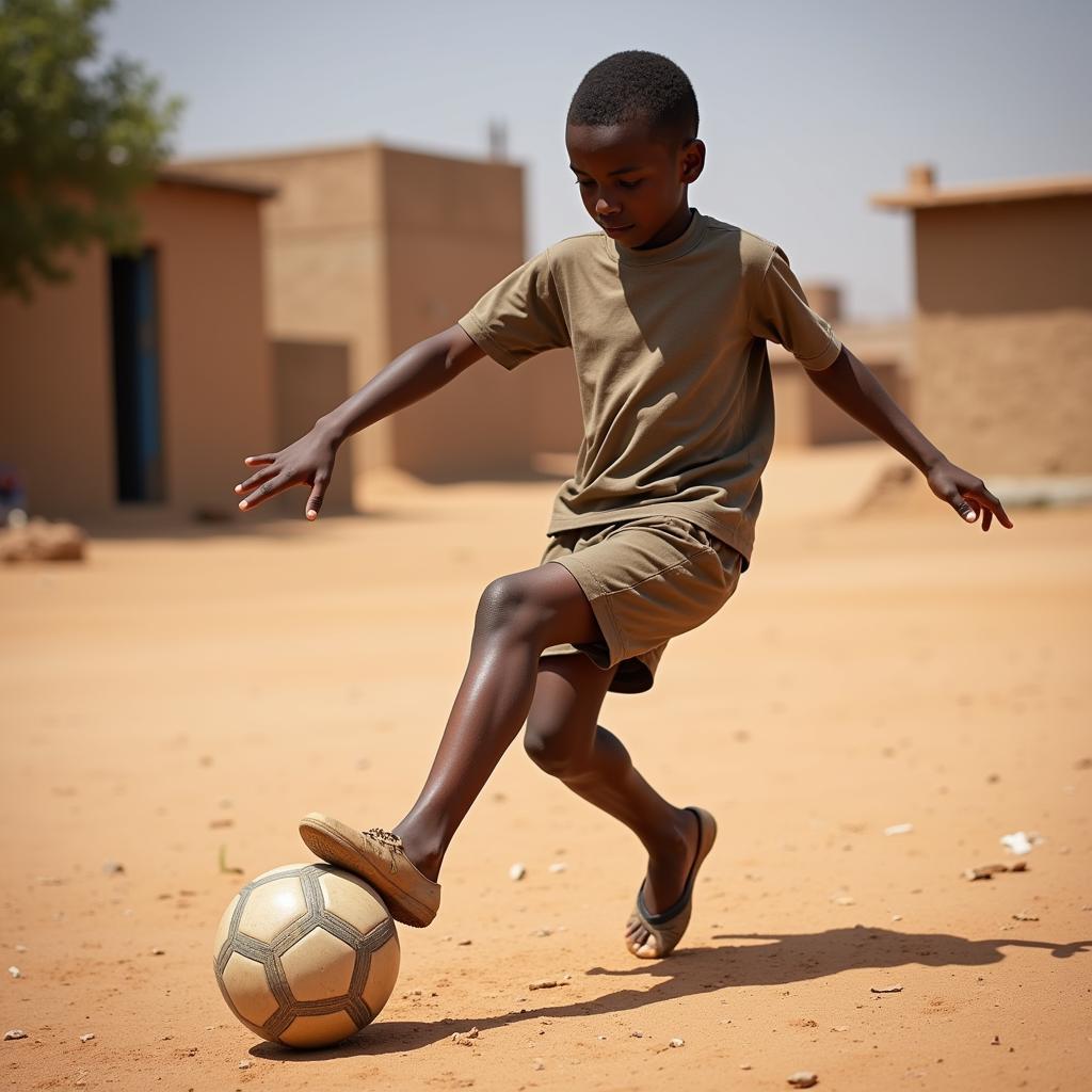 A young boy with a determined look kicks a football across a dusty field